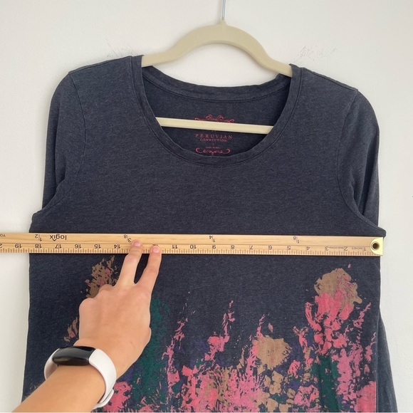 Peruvian Connection Pima cotton long sleeve tee dark floral grey crew small pink - Picture 5 of 8
